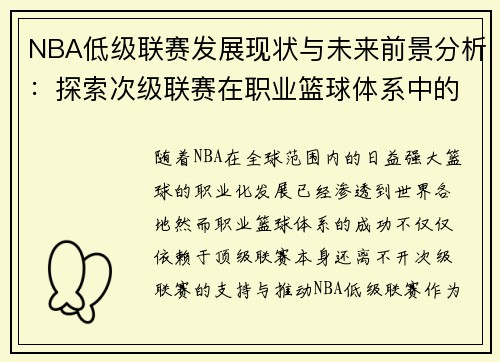 NBA低级联赛发展现状与未来前景分析：探索次级联赛在职业篮球体系中的作用